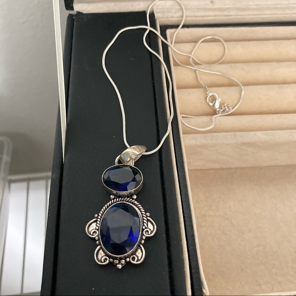 Large Silver Necklace With Blue Stone